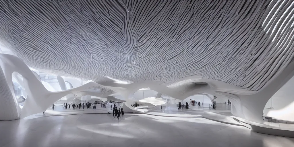 Image similar to extremely detailed ornate stunning sophisticated beautiful elegant futuristic museum lobby interior by Zaha Hadid, stunning volumetric light, sunset