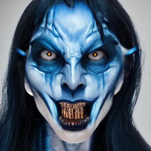 Prompt: a demon inspired by mayan blue created by the make up artist hungry, photographed by andrew thomas huang, cinematic, expensive visual effects