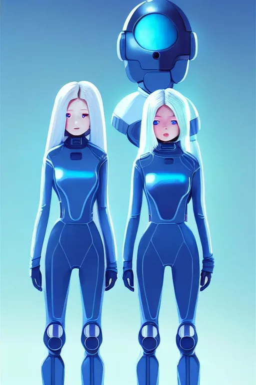 Image similar to perfect family android women dressed with explorer suit, artgem, scifi, futuristic design, bae suzy, long white hair!!!, blue eyes,, full body character design, cinematic lighting, highly detailed, artstation, divine, by huifeng huang, beeple, goro fujita, smooth gradient.