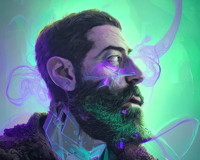Prompt: portrait of bearded wizard with purple and green cubes orbiting head, intricate abstract. intricate artwork, by tooth wu, wlop, beeple, dan mumford. concept art, octane render, trending on artstation, greg rutkowski very coherent symmetrical artwork. cinematic, key art, hyper realism, high detail, octane render, 8 k, iridescent accents