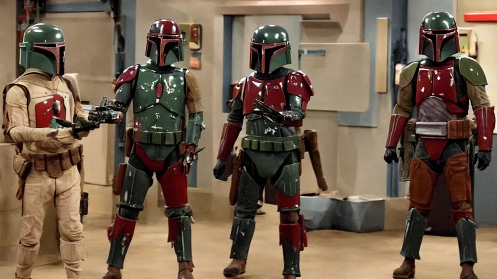 Image similar to still image of boba fett in an episode of the big bang theory, cinematic