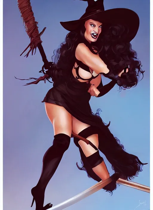 Image similar to pinup of a witch riding a broomstick, by Jeff Simpson and Simon Bisley