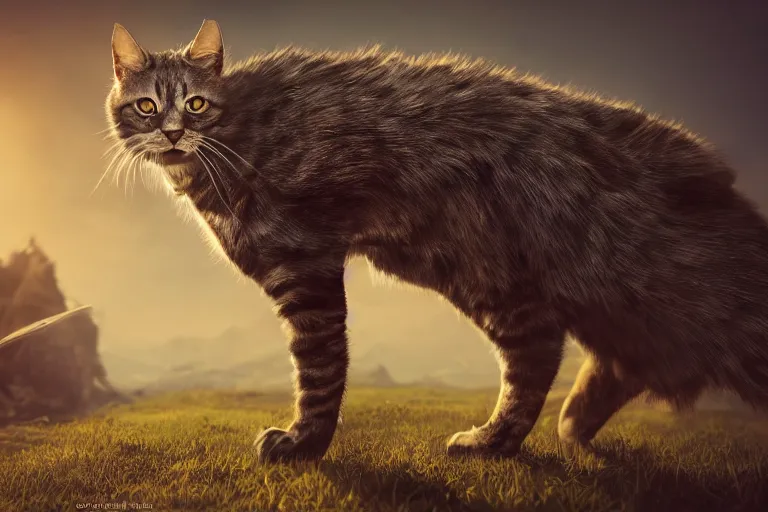 Image similar to cool looking anthrophomorphic cat in armor, sheathed weapon, fantasy, unreal engine, realistic, golden hour, professional photography, mild depth of field, cinematic lighting, 8 k