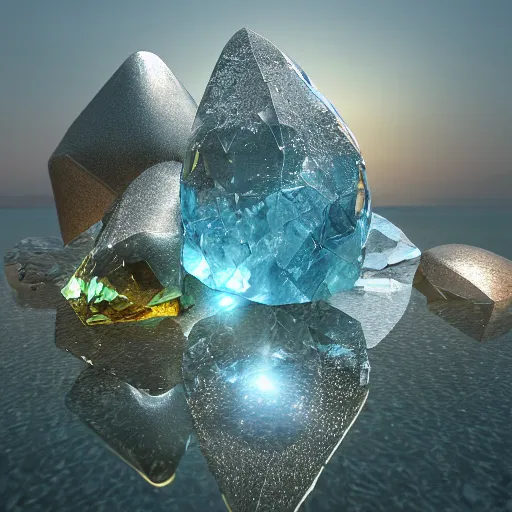 Prompt: crystal landscape, schloe christian, glass, atom, diamond, leucite, garnet, diffraction, ruby, sapphire, water, caustics, octane renderer, raytracing, 4 k, unreal engine, rtx, refraction