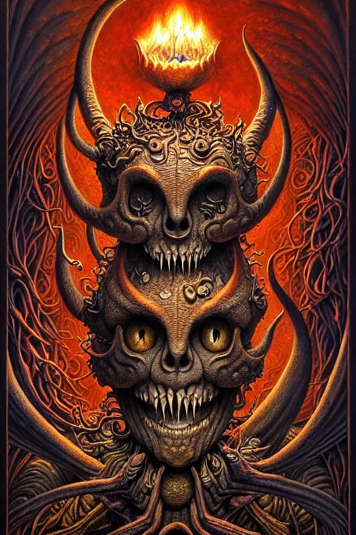 Image similar to A beautiful detailed grotesque monster super cute tarot card, by tomasz alen kopera and Justin Gerard, symmetrical features, ominous, magical realism, texture, intricate, ornate, royally decorated, skull, skeleton, whirling smoke, embers, red adornements, red torn fabric, radiant colors, fantasy, trending on artstation, volumetric lighting, micro details, 3d sculpture, ray tracing, 8k, anaglyph effect, digital art