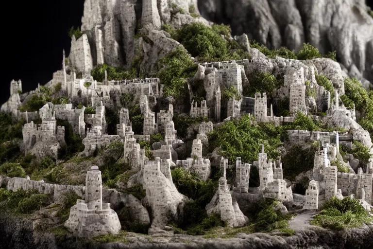 Image similar to Miniature Minas Tirith in miniature landscape. Macro photo, god rays