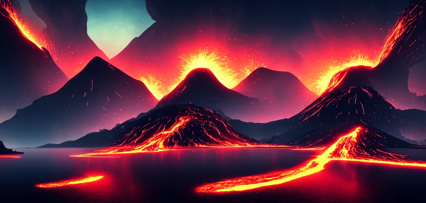 Image similar to night fantasy landscape with abstract mountains and island on the water, explosive volcano with burning lava, neon light. dark futuristic natural scene with reflection of light in the water, cinematic view, detailed, high detail, warm lighting, volumetric, godrays, vivid, beautiful, trending on artstation, by jordan grimmer, huge scene, art greg rutkowski