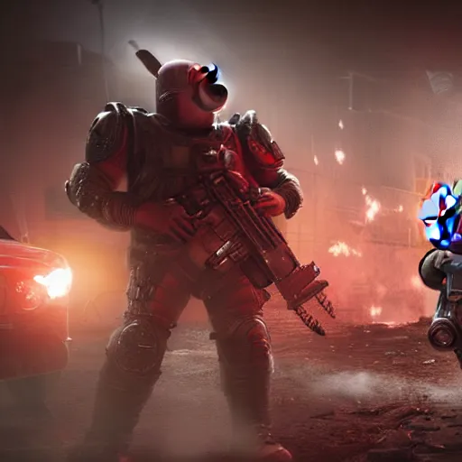 Image similar to Peppa pig in Gears of War, splash art, movie still, cinematic lighting, dramatic, octane render, long lens, shallow depth of field, bokeh, anamorphic lens flare, 8k, hyper detailed, 35mm film grain