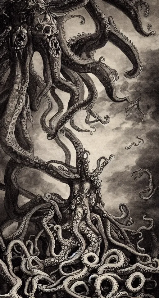 Prompt: mansion house of hungry giant octopus, standing on piles of limbs and bones, hyperrealistic, horror, gothic, lovecraftian, 4 k, realistic, high detail, gruesome, by francisco goya
