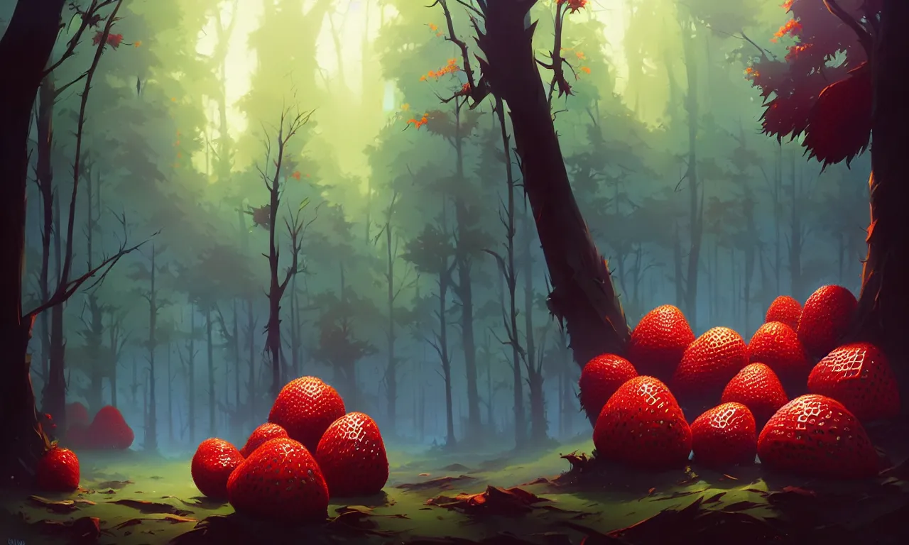 Image similar to Dark forest large strawberries, behance hd by Jesper Ejsing, by RHADS, Makoto Shinkai and Lois van baarle, ilya kuvshinov, rossdraws global illumination