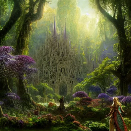 Image similar to a beautiful and highly detailed matte painting of an elven palace in a magical fantasy forest garden, psychedelic flowers and trees, strange vegetation, epic scale, insanely complex, hyperdetailed, sharp focus, hyperrealism, artstation, cgsociety, 8 k, bright colors, by caspar friedrich, albert bierstadt, james gurney, brian froud,