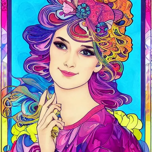 Prompt: a beautiful day, painted by lisa frank and alfons mucha collaboration