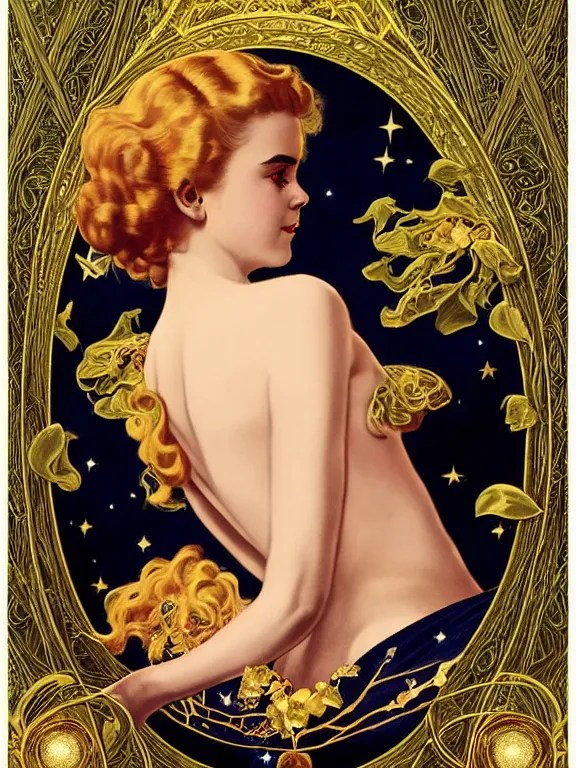 Prompt: kiernan shipka as the magic goddess Of the moon and witchcraft and satanism, a beautiful art nouveau portrait by Gil elvgren, moonlit New England forest environment, centered composition, defined features, golden ratio, intricate gold jewlery and black lace