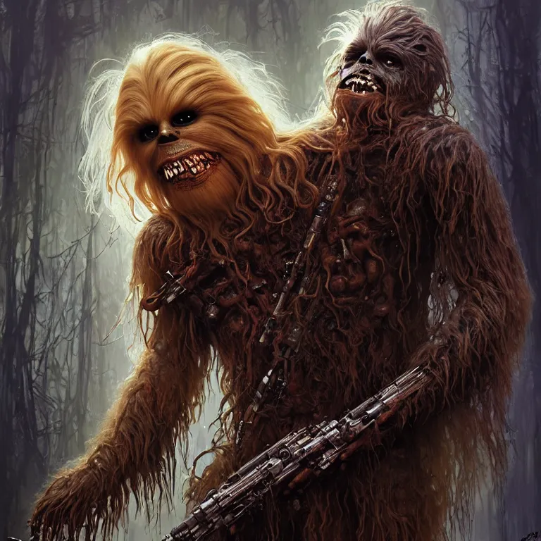 Image similar to scary horrific zombie chewbacca and rotting wookies, dark star wars fantasy, body horror, sores and scars, undead. highly detailed, biopunk, digital painting, by greg rutkowski, artgerm, giger and alphonse mucha