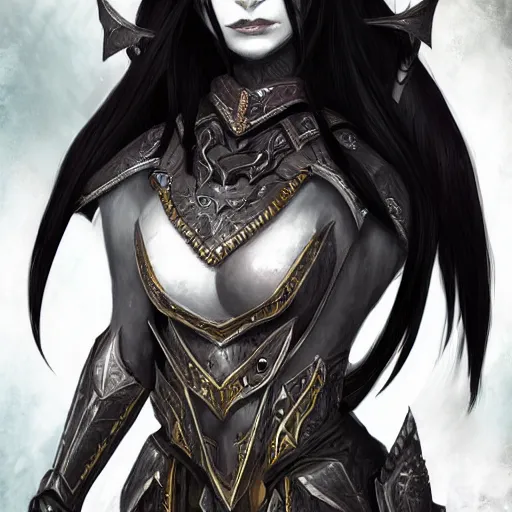 Image similar to dark elf with long black hair wearing intricate armor, digital art, artstation, smooth, sharp focus, highly detailed