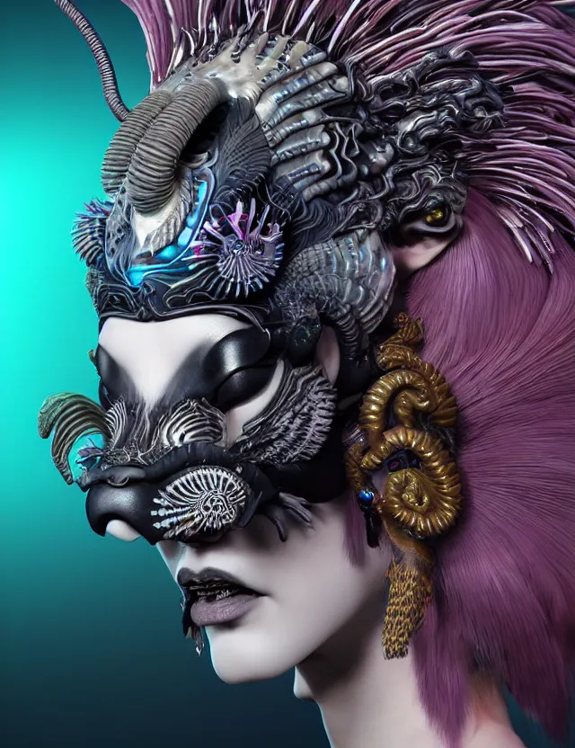 Image similar to 3 d photo realistic goddess close - up profile portrait punk with mohawk with ram skull. beautiful intricately detailed japanese crow kitsune mask and clasical japanese kimono. betta fish, jellyfish phoenix, bio luminescent, plasma, ice, water, wind, creature, artwork by tooth wu and wlop and beeple and greg rutkowski