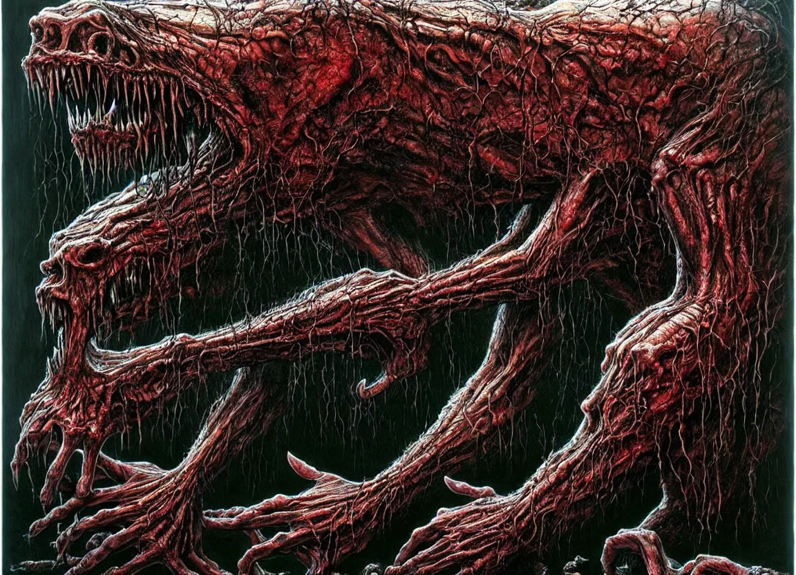 Prompt: Giant fanged limb monster walks in the road. Drops of blood, meat with veins, mouths, eyes. Dark colors, high detail, hyperrealism, horror art, intricate details, masterpiece, biopunk, body-horror, art by Greg Hildebrandt, Beksinski, Giger