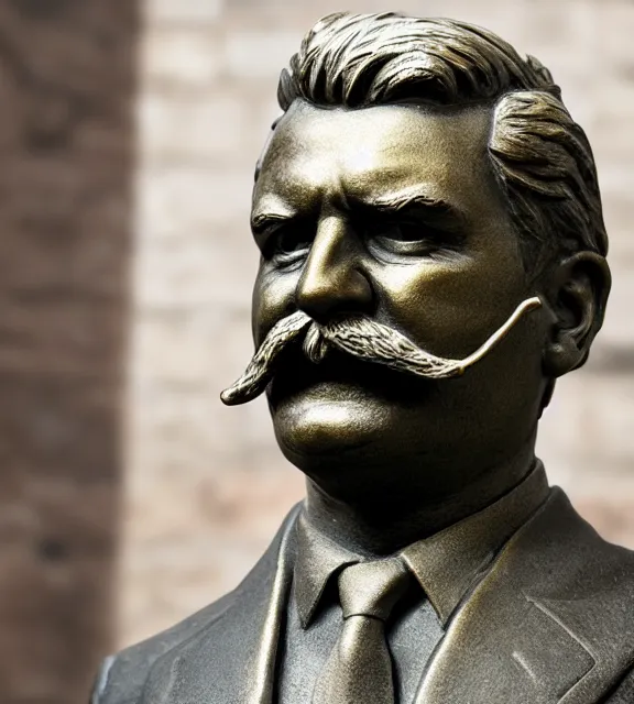 Prompt: a 4 k photorealistic photo medium shot of a bronze statue of a middle aged man with a moustache.