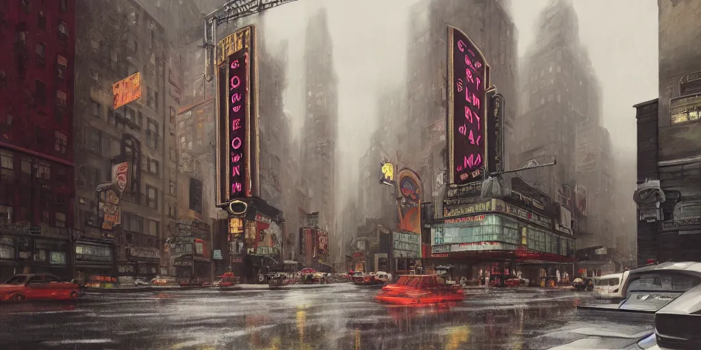 Image similar to an old cinema, new york, rainy day, matte painting, studio ghibli, artstation