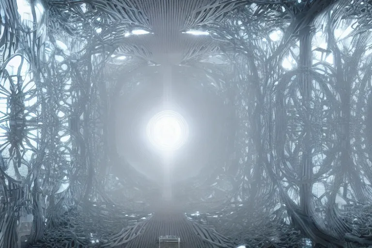 Prompt: a complex organic fractal 3 d ceramic humanoid quantum megastructure, cinematic shot, foggy, photo still from movie by denis villeneuve