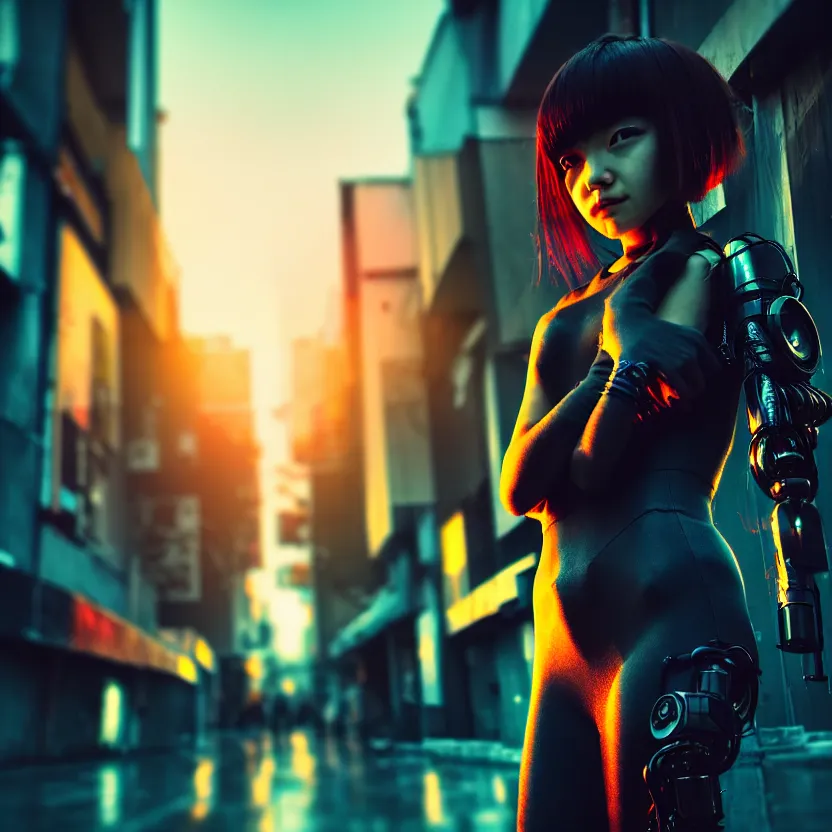 Image similar to a photo close up cyberpunk cyborg girl stands in a cyberpunk hiroshima, prefecture streets, sunset, photorealistic, cinematic lighting, very detailed, style by tomino - sama