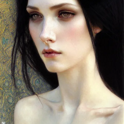 Image similar to Portrait of a beautiful, pale skin, female with long black hair, dark, piercing eyes, gentle expression, elegant clothing, photorealistic, highly detailed, artstation, smooth, sharp focus, art by Klimt, artgerm, Greg Rutkowski and Alphonse Mucha