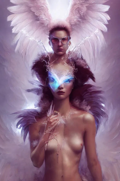 Prompt: beautiful model wearing icel white feathers, diamonds, jewelry, angel, fantasy, dramatic lighting, highly detailed, digital painting, holding electricity, magic the gathering, hyper detailed, 3 d render, hyper realistic detailed portrait, peter mohrbacher, wlop, ruan jia