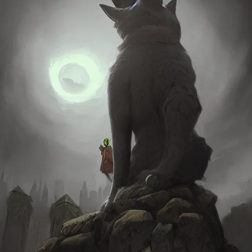 Prompt: an adventurer discovering a giant statue of a cat staring at him, moody, fantasy, dark atmosphere, digital art, trending on artstation