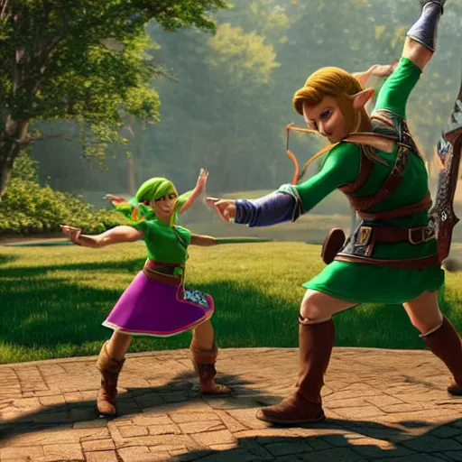 Image similar to zelda, the primcess dancing with link, hyper realistic, 4 k octan render, unreal 5, detailed