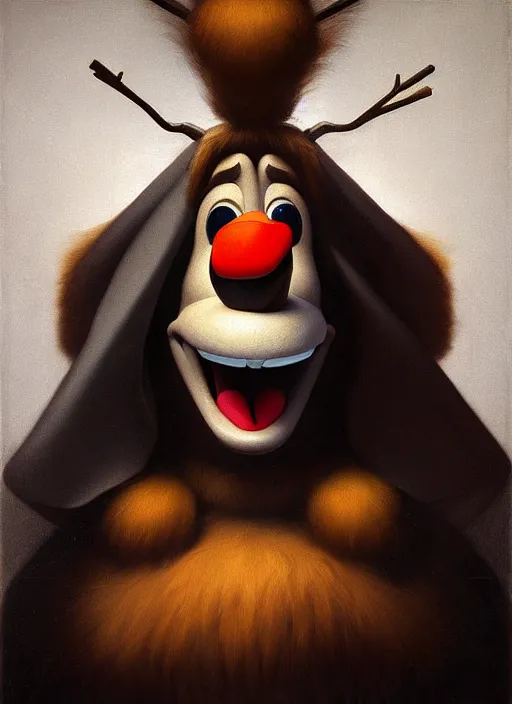 Image similar to a masterwork chiaroscuro oil painting portrait of adorable symmetric olaf from disneys frozen in the style of a renaissance painting, insane detail,, jan matejko, caravaggio, jan van eyck, trending on artstation, artgerm