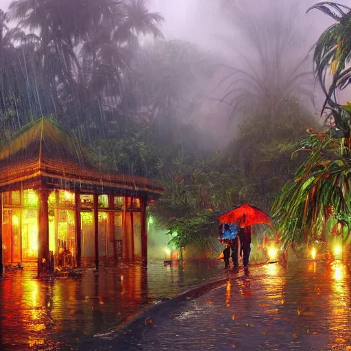 Image similar to monsoon on tropical island, ornate, beautiful, atmosphere, vibe, mist, smoke, fire, chimney, rain, wet, pristine, puddles, melting, dripping, snow, creek, lush, ice, bridge, forest, roses, flowers, by stanley artgerm lau, greg rutkowski, thomas kindkade, alphonse mucha, loish, norman rockwell