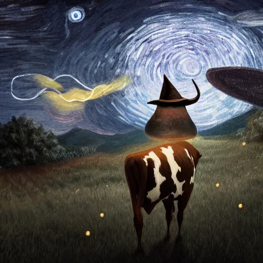 Image similar to a detailed matte painting of a cow wearing a witch hat, viewed in profile, glowing moths and fog in the background, starry night, black and blue color scheme with gold highlights, in the style of discworld and harry potter, 8 k, octane render