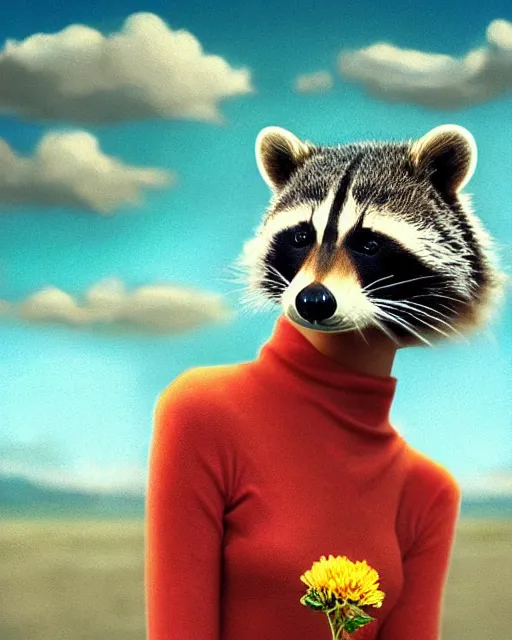 Image similar to closeup portrait beautiful female anthropomorphic raccoon wearing a dress on salt flats holding a flower, surreal photography, sunrise, dramatic light, impressionist painting, colorful clouds, digital painting, artstation, simon stalenhag