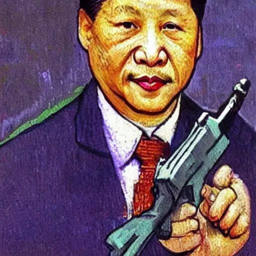 Prompt: Xi Jinping holding AK-47 by Van Gogh