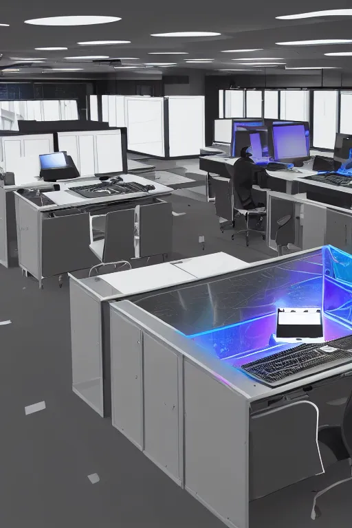 Image similar to dark isometric tech lab with shiny holographic control panels