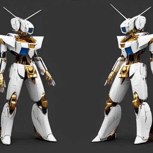 Image similar to intricate white marble and gold mecha gundam inspired full-body armour cinematic lighting mecha suit trending on artstation 8k hyperrealistic high details unreal engine 5