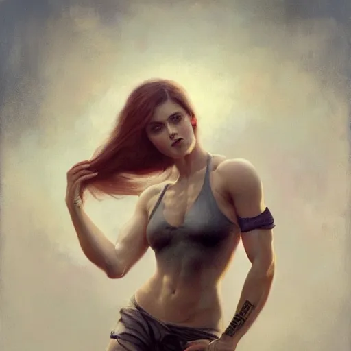 Prompt: painting of a very beautiful girl with muscles, by tom bagshaw, greg rutkowski, wlop