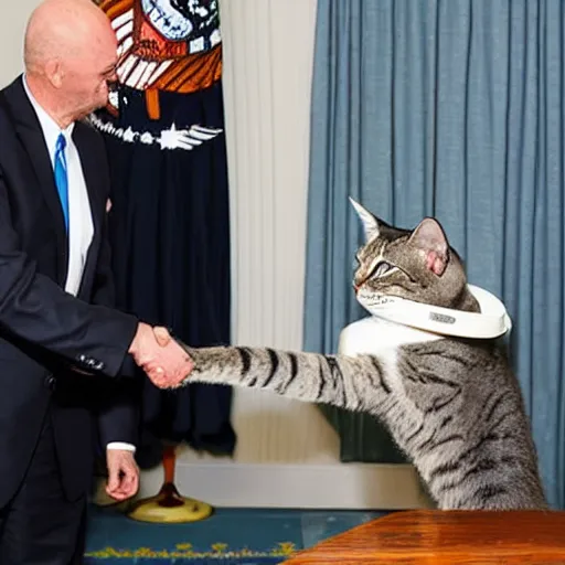 Image similar to cat astronaut shakes the hands with president