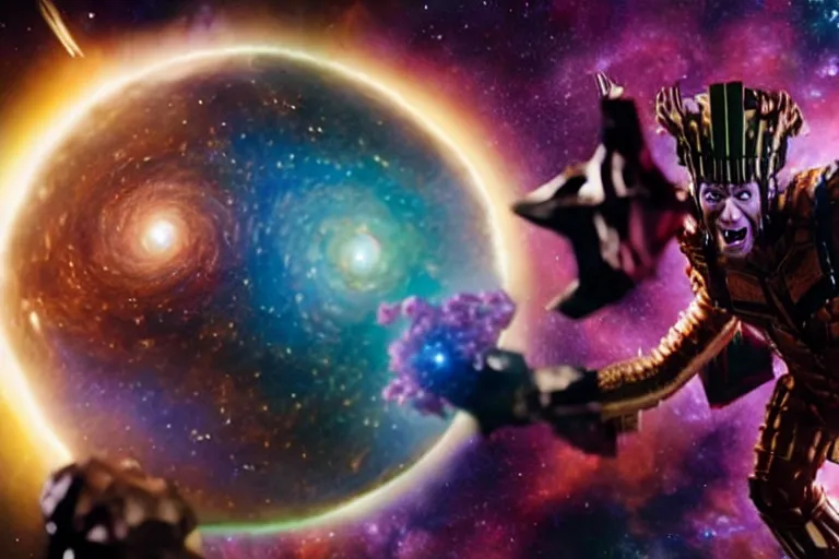 Image similar to a cinematic still of ((andy samberg)) ferociously eating a galaxy, galactus!!!!, masterpiece, (monster), (empty black void)