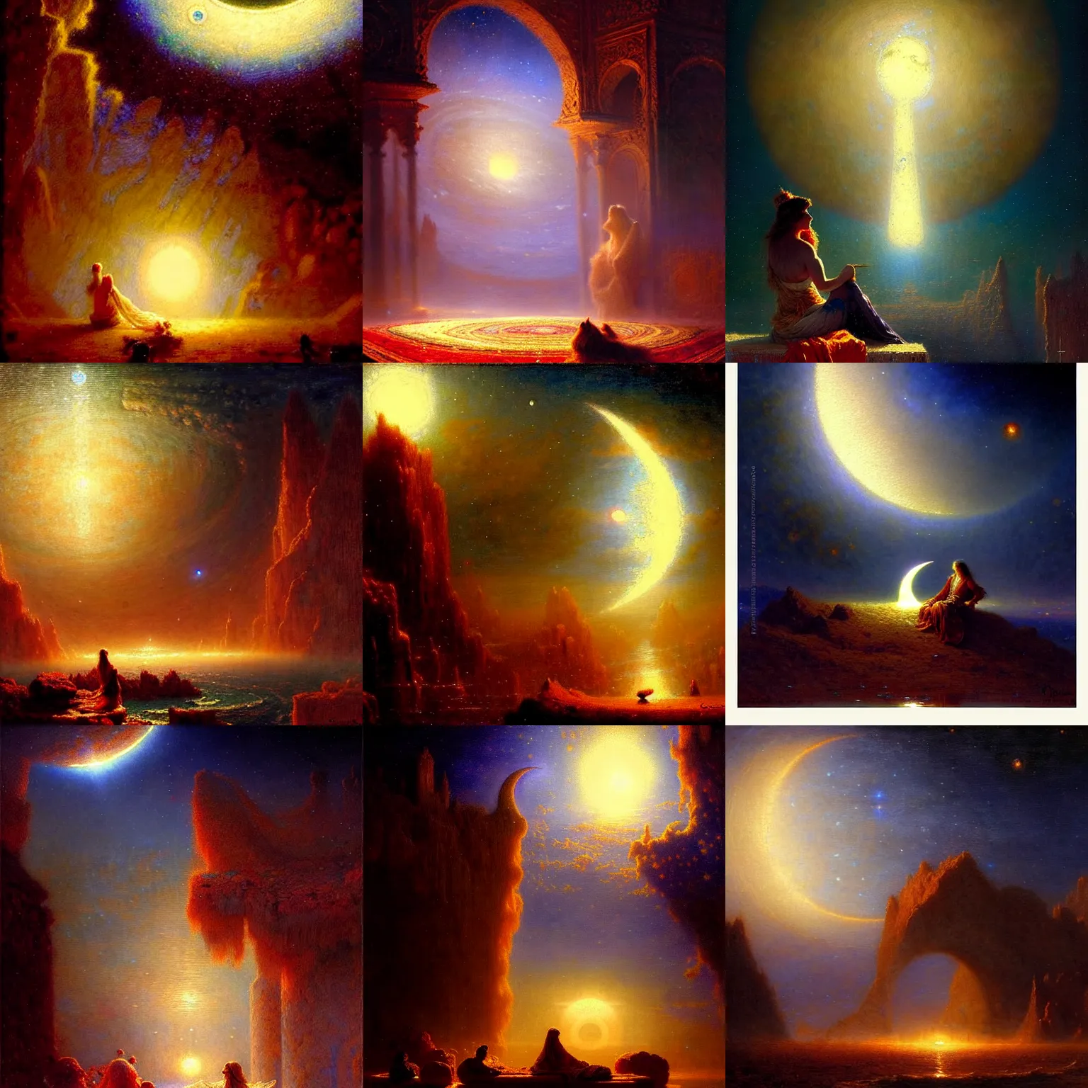 Prompt: giant shining crescent clearly seen, magic fluffy persian carpet dimension, by gaston bussiere, dim lighting, beautiful volumetric - lighting - style atmosphere, surreal atmosphere, intricate, detailed, photorealistic imagery, trending artstation