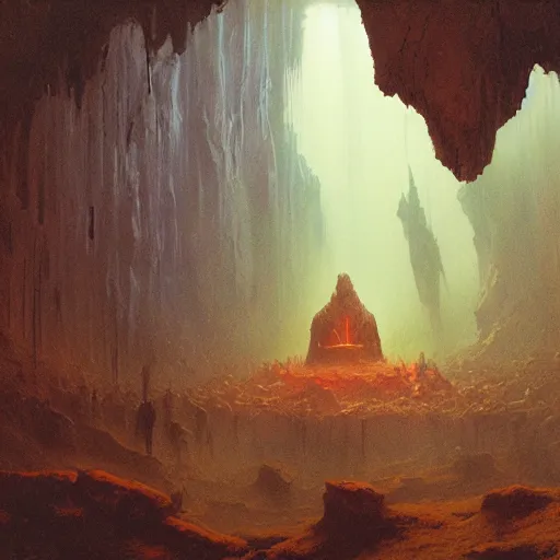 Image similar to ancient chanting in a cave, beksinski, ruan jia, wayne barlowe, warhammer art, weta workshop the hobbit art, lord of the ring art