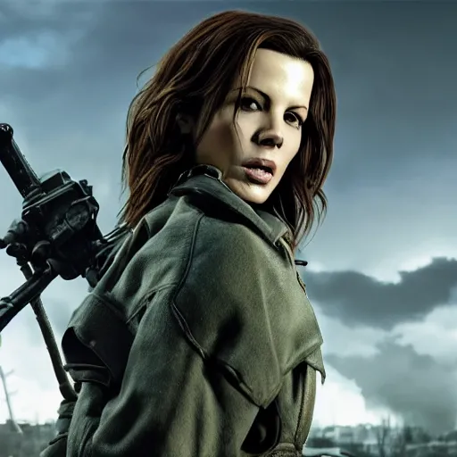 Prompt: fallout 5, charismatic beautiful rugged young kate beckinsale with katana, portrait, outdoors ruined cityscape, atmospheric lighting, painted, intricate, volumetric lighting, beautiful, daytime, sunny weather, slight overcast, sharp focus, deep colours, ultra detailed, by leesha hannigan, ross tran, thierry doizon, kai carpenter, ignacio fernandez rios