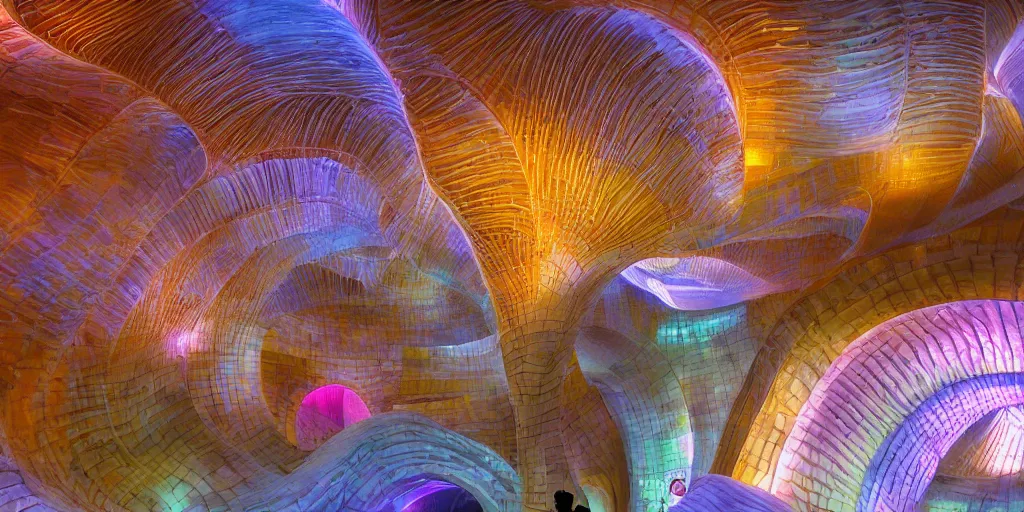 Image similar to extremely detailed awe stunning beautiful futuristic smooth curvilinear museum interior, translucent gills, hyper real, 8k, colorful, 3D cinematic volumetric light, atmospheric light