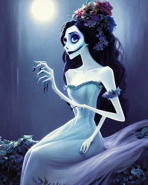 Image similar to elegant mysterious gracious undead victoria everglot from the corpse bride, portrait, illustration, the land of the death, piano in victorian front hall scene, rim light, top light, summer clear blue sky, perfectly shaded, soft painting, art by krenz cushart and wenjun lin