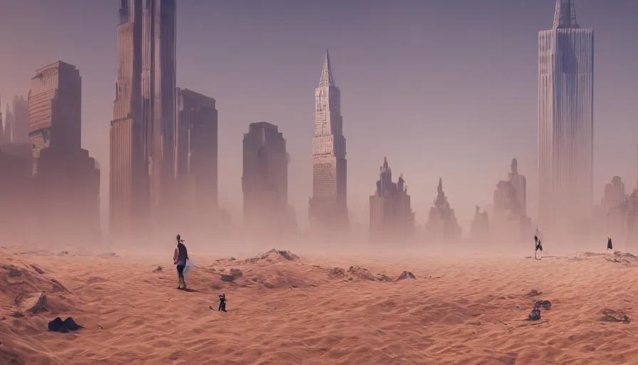 Prompt: new york city under tons of sand, heavy wave, people walking in the desert, hyperdetailed, artstation, cgsociety, 8 k