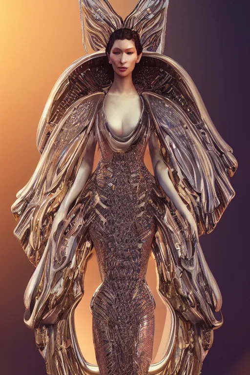 Image similar to a highly detailed 4 k render of a beautiful angel alien goddess bella hadid in iris van herpen dress schiaparelli in diamonds in style of alphonse mucha trending on artstation made in unreal engine 4