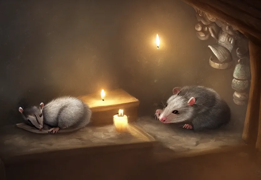 Prompt: cute possum sleeping inside a bed in a dark medieval cluttered cottage at night under the dim light of a candle, dark fantasy, dreaming illusion, trending on artstation