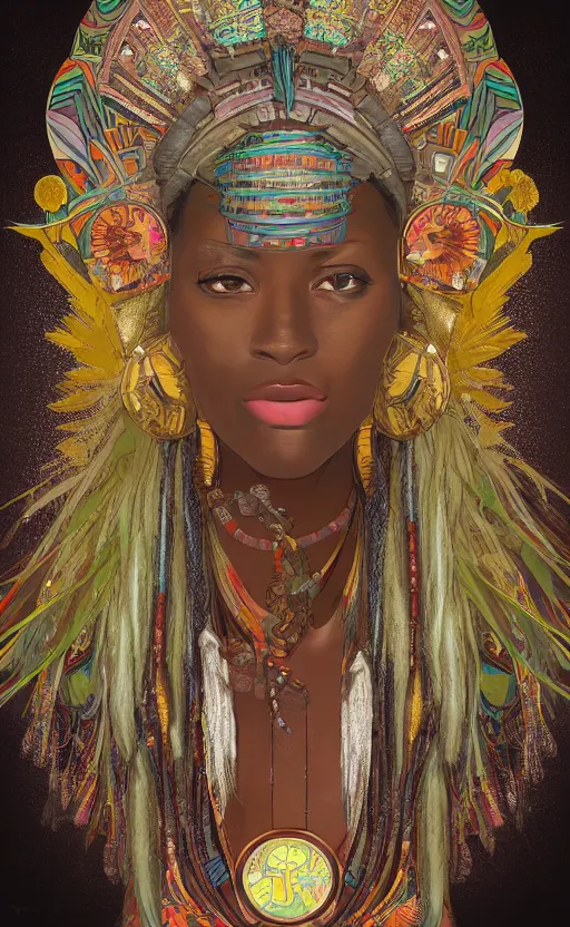 Image similar to upper half portrait of retro futuristic african tribal chief - embellished with vegetation and iridescent crystals, art by alphonso mucha, highly detailed, digital painting, concept art, illustration, smooth sharp focus, intricate, symmetry, artstation, colourful,