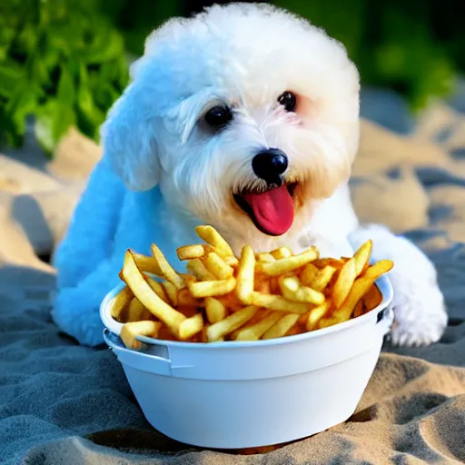 Image similar to a photorealistic photograph of a smiling white bichon puppy eating basket of french fries during sunset at the beach Trending on artstation, featured on Behance, well-rendered, Unreal Engine, 4K HD