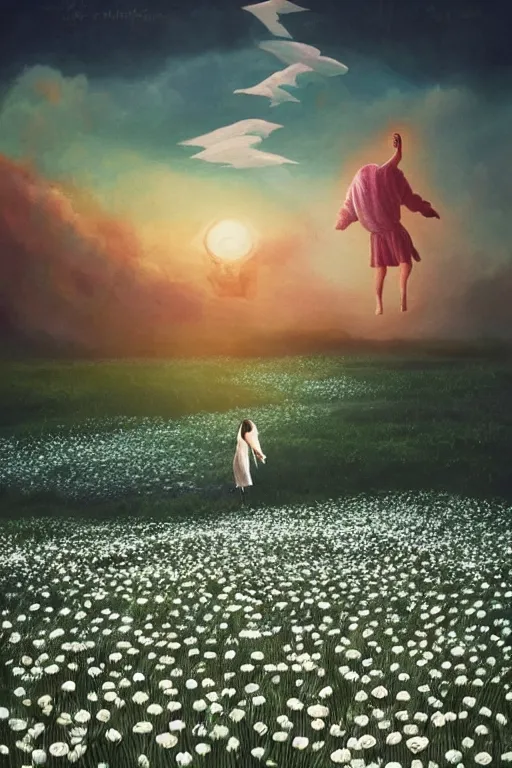 Image similar to giant white daisy flower as head, man dancing in a flower field, surreal photography, sunrise, dramatic light, impressionist painting, colorful clouds, digital painting, artstation, simon stalenhag